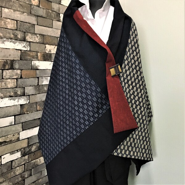 Japanese Style Stole of Wool and Cotton Kimono, with Silk Patchwork