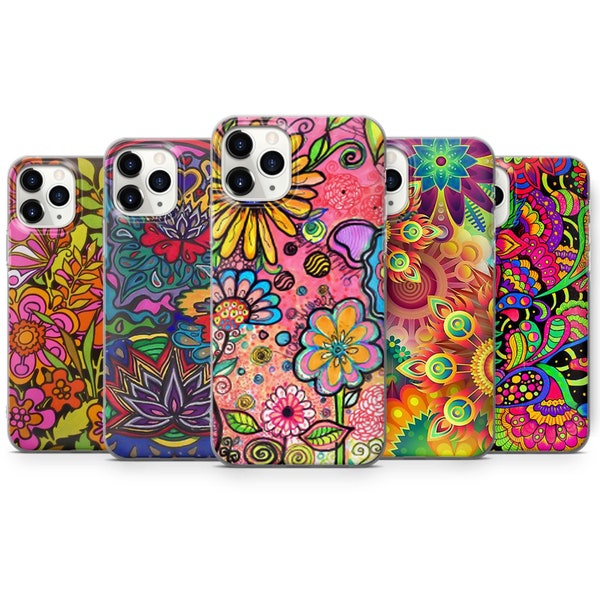 70s Hippie Psychedelic Flower iPhone 15 Pro Max 14 13 mini 12 11 XR XS SE 2020 2022 X 7 8 6 + Plus Case Cover