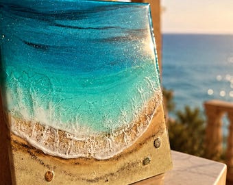 Luxury Resin Ocean Wall Art 30x30 cm | Handmade Coastal Beach Artwork | Modern Mediterranean Decor | Turquoise Resin Painting