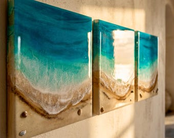 Luxury Resin Ocean Triptych Wall Art | Handmade Coastal Panel Set | Mediterranean Beach Decor | Modern Resin Artwork