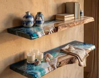 Luxury Ocean Floating Shelves Set of 2 (60cm Each) | Handmade Resin Coastal Wall Decor | Rustic Oak Beach House Shelves