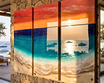 XL Resin Ocean Sunset Triptych Wall Art | Large Coastal Beach Artwork | Luxury Ocean Seascape | Handmade Resin Wall Decor | Beach House Art