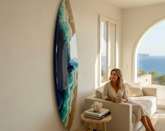 150cm Extra Large Resin Ocean Surfboard Wall Art | Luxury Coastal Decor | Handmade Beach House Artwork | Real Sand & Resin Waves