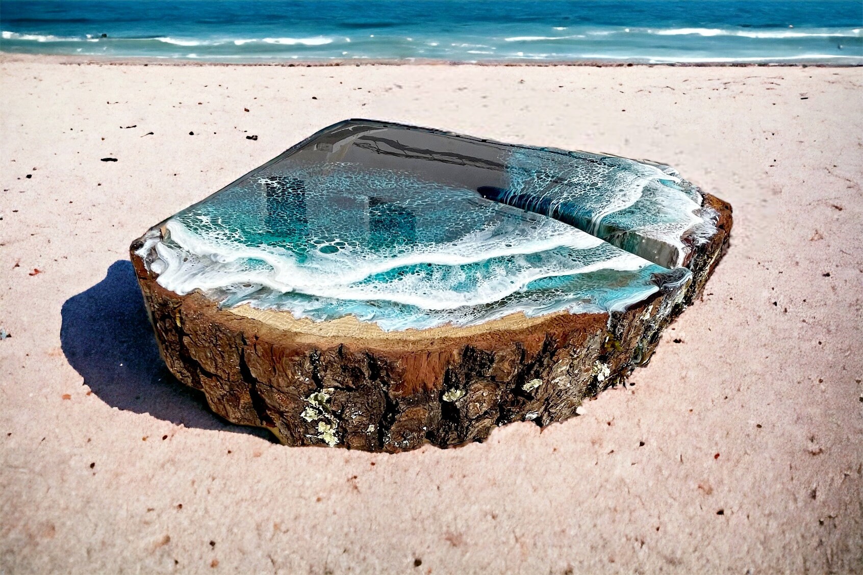 置物 Ocean Waves Resin Ocean Corner Shelf – Handmade Floating Oak Shelf With