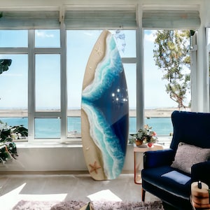 Décoration murale de planche de surf « Salty Hair Don&#39;t Care » 150 cm de haut, planche de surf extra large, art mural de planche de surf, art de planche de surf, planche de surf d&#39;art de plage en résine