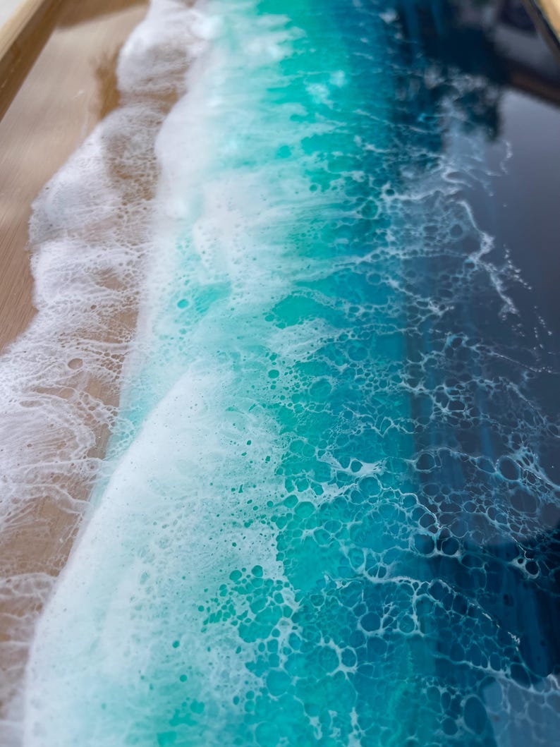 Bamboo Bed Tray with Resin Ocean Waves | Handmade Coastal Serving Tray | Foldable Breakfast Tray | Resin Art Home Decor 53 cm 画像 5