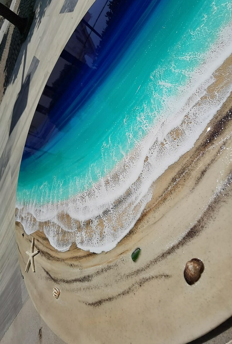Grande oeuvre d'art murale océan en résine - Peinture époxy ronde vagues de 100 cm - oeuvre d'art 3D en résine de plage XL - Décoration d'intérieur côtière - Grande décoration murale océan image 11