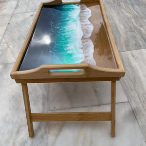 Bamboo Bed Tray with Resin Ocean Waves | Handmade Coastal Serving Tray | Foldable Breakfast Tray | Resin Art Home Decor 53 cm 画像 6