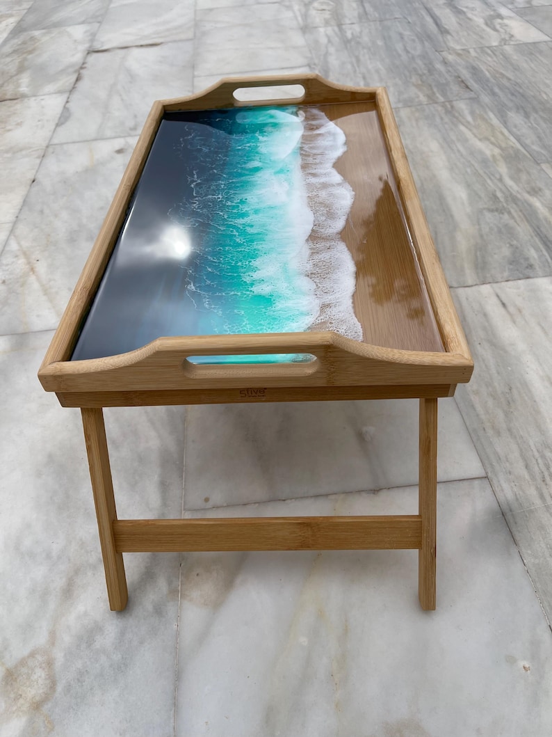 Bamboo Bed Tray with Resin Ocean Waves | Handmade Coastal Serving Tray | Foldable Breakfast Tray | Resin Art Home Decor 53 cm 画像 6