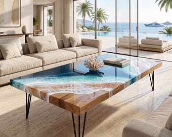 Large Solid Oak Ocean Coffee Table | Luxury Resin Beach Table | Handmade Coastal Furniture | Premium Epoxy Resin Coffee Table
