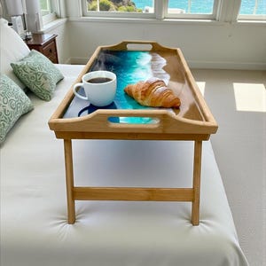 Bamboo Bed Tray with Resin Ocean Waves | Handmade Coastal Serving Tray | Foldable Breakfast Tray | Resin Art Home Decor 53 cm 画像 9