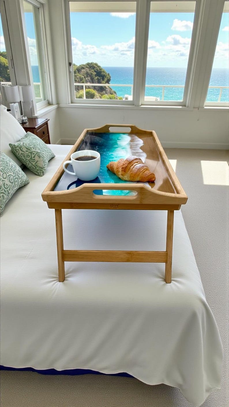 Bamboo Bed Tray with Resin Ocean Waves | Handmade Coastal Serving Tray | Foldable Breakfast Tray | Resin Art Home Decor 53 cm 画像 9