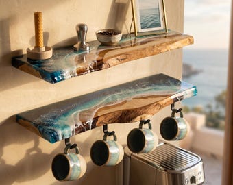 Set of 2 Real Oak Resin Ocean Floating Shelves 60cm | Coffee Station Shelf with Mug Rack | Handmade Coastal Wall Shelves | Beach House Decor