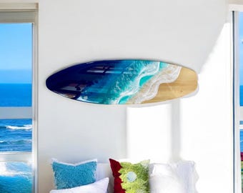 Surfboard wall decor HORIZONTAL, ocean theme decoration, ocean resin surfboard art, epoxy resin beach, resin ocean waves, ocean art