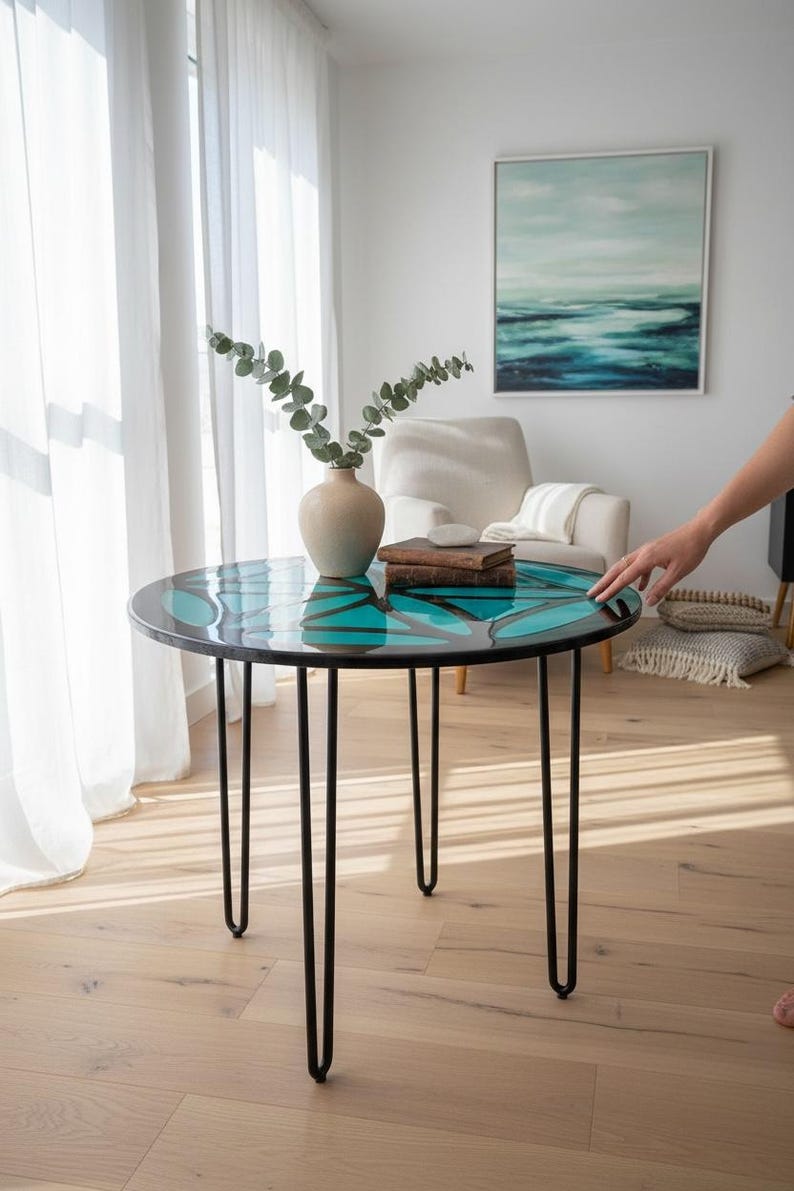 Mesa de centro de resina epoxi con diseño de mandala: Mesa con bloques de color personalizados (80 cm) imagen 7