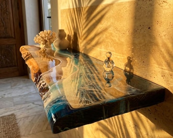 Estante flotante de roble de resina oceánica hecho a mano: decoración costera para casa de playa (90 cm)