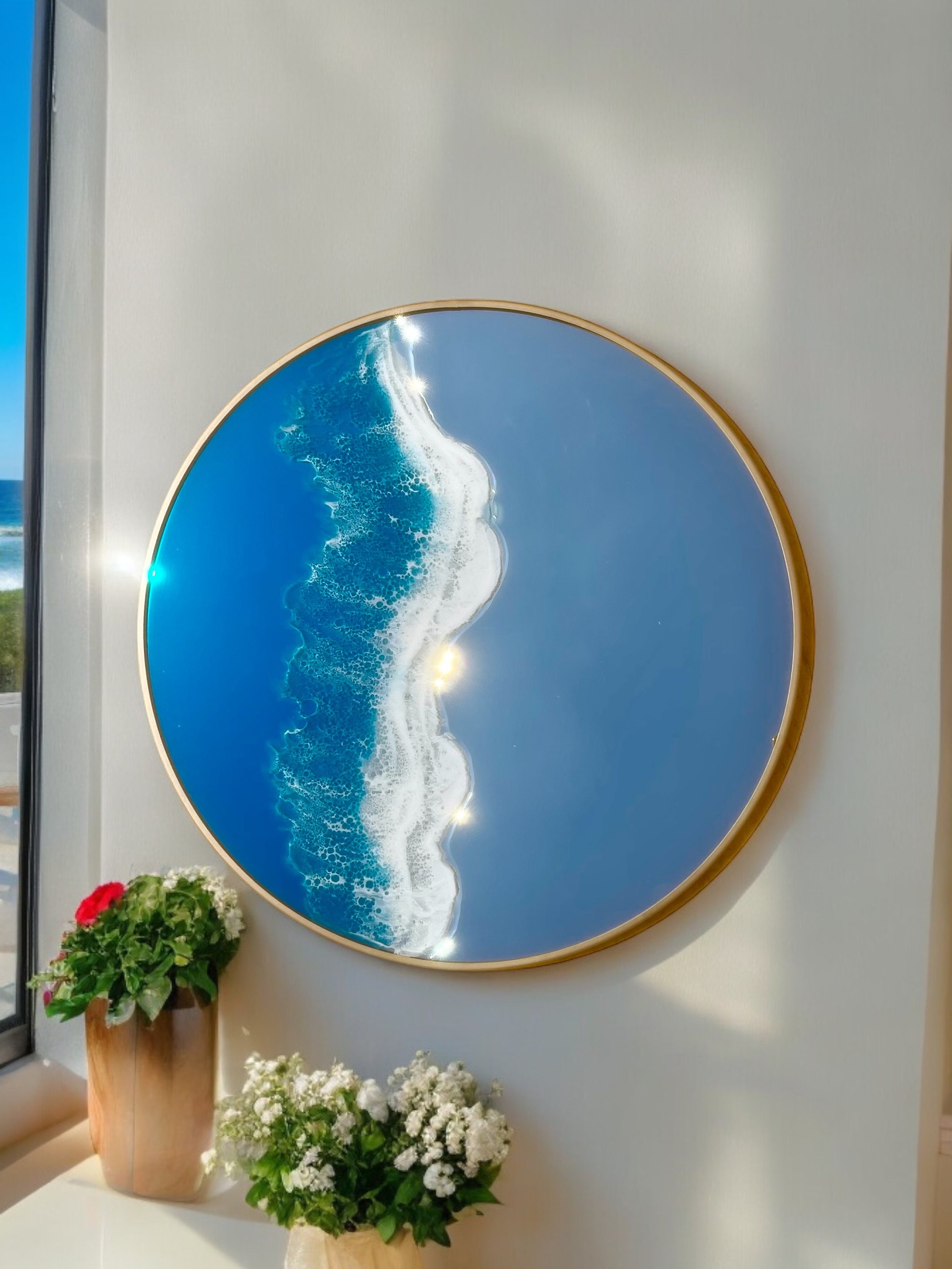 Wall Mirror With Blue Wave Resin Decor 50 Cm in Diameter