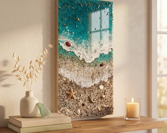 Play de los Muertos Kunstharz Ozean Kunst - Echter Sand & Muschel Strand Wandkunst - Handgemachtes Küsten Kunstwerk - Strukturierte Epoxy Meeresmalerei