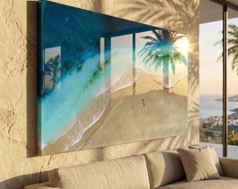 Large Resin Beach Wall Art 60x40cm | Palm Shadow Ocean Artwork | Handmade Coastal Wall Decor | 3D Resin Seascape | Luxury Beach House Art