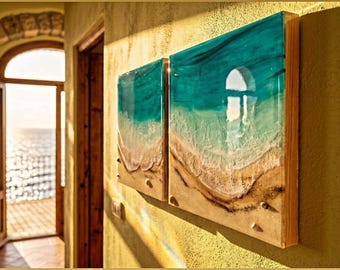 Resin Ocean Diptych Wall Art | Handmade Coastal Beach Panels Set | Luxury Mediterranean Decor | Turquoise Resin Artwork