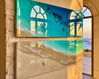 Coastal Serenity Diptych | Resin Ocean Wall Art | Beach Scene Artwork | Coastal Wall Decor | Luxury Beach House Art | Handmade in Spain