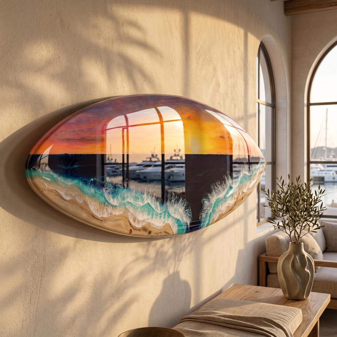 Resin Surfboard Wall Art – Sunset Ocean Decor – Handmade Coastal Wall ...