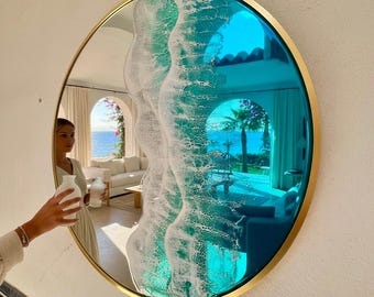 80cm Gold Frame Resin Wave Mirror | Coastal Ocean Wall Mirror | Luxury Beach House Decor | Handmade Resin Art