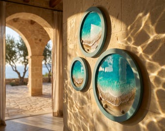 Resin Ocean Wall Art Set of 3 Round Coastal Decor | Beach House Wall Hanging | Luxury Sea Inspired Artwork | Handmade Resin Art