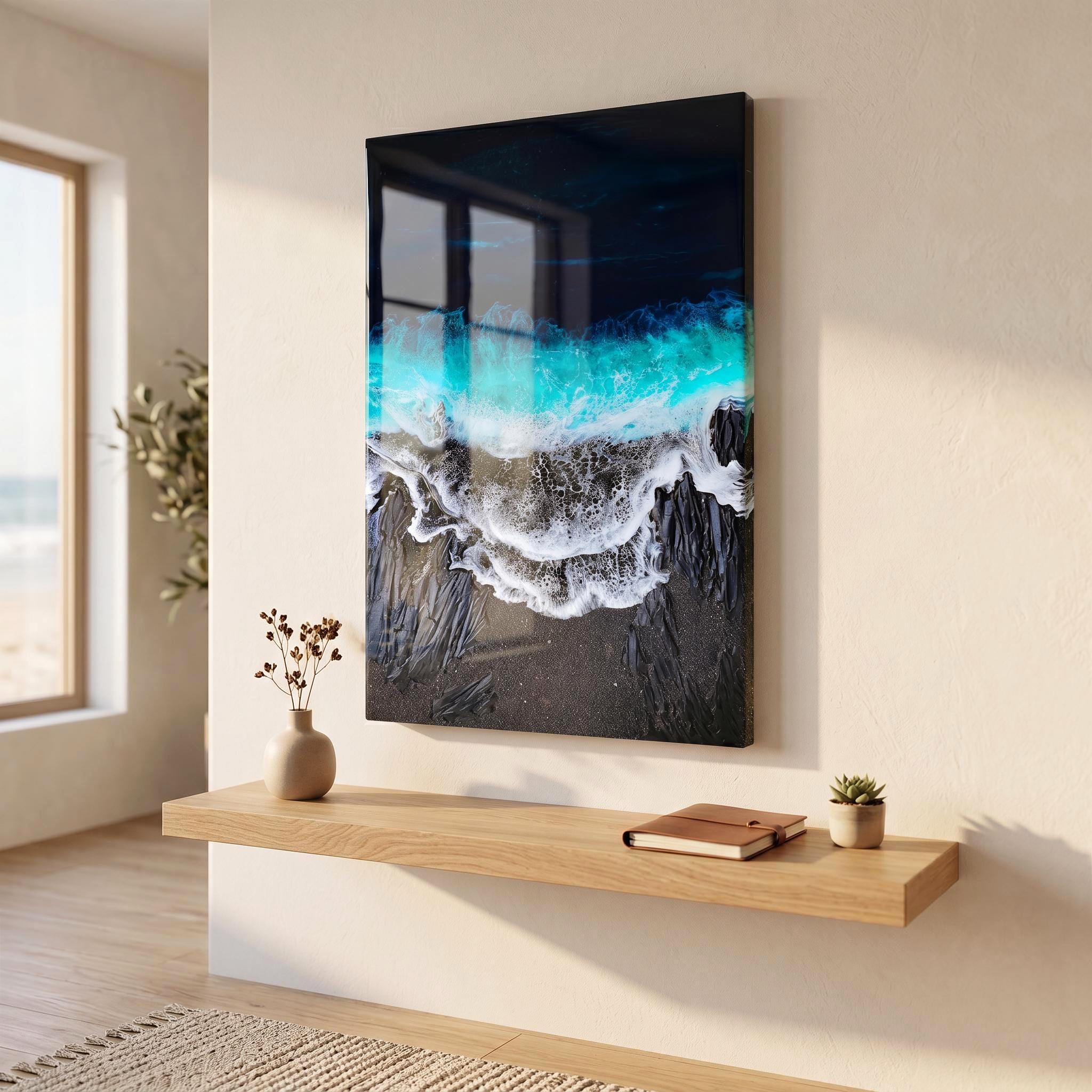 Black Sand Ocean Resin Art – Dramatic Wave Wall Art – Modern