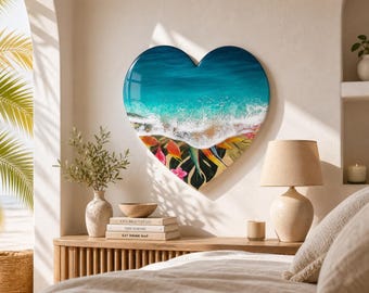 Medium Resin Ocean Wall Art 50cm | Tropical Beach Heart Decor | Coastal Home Decor | Handmade Sea Wave Art | Unique Resin Artwork