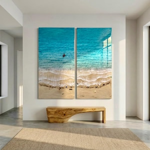 Large Resin Ocean Diptych Wall Art | Coastal Seascape with Turtle, Sand & Shells | Luxury Beach House Statement Art | 120x120 cm