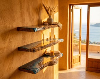 Luxury Ocean Floating Shelves Set of 3 (60cm Each) | Handmade Resin Coastal Wall Decor | Rustic Oak Beach House Shelves