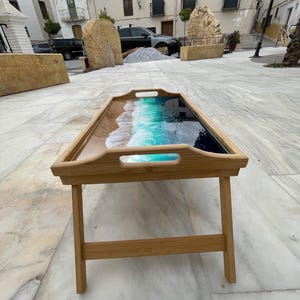 Bamboo Bed Tray with Resin Ocean Waves | Handmade Coastal Serving Tray | Foldable Breakfast Tray | Resin Art Home Decor 53 cm 画像 10