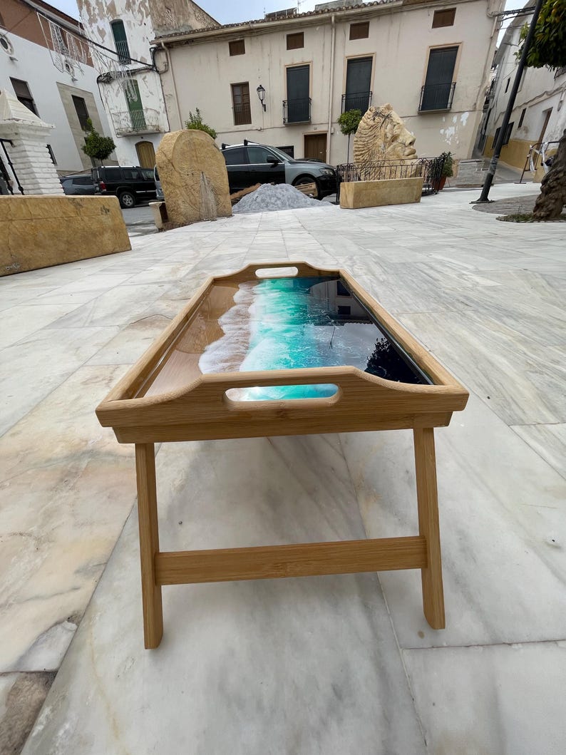 Bamboo Bed Tray with Resin Ocean Waves | Handmade Coastal Serving Tray | Foldable Breakfast Tray | Resin Art Home Decor 53 cm 画像 10