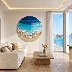 Grande oeuvre d'art murale océan en résine - Peinture époxy ronde vagues de 100 cm - oeuvre d'art 3D en résine de plage XL - Décoration d'intérieur côtière - Grande décoration murale océan image 12