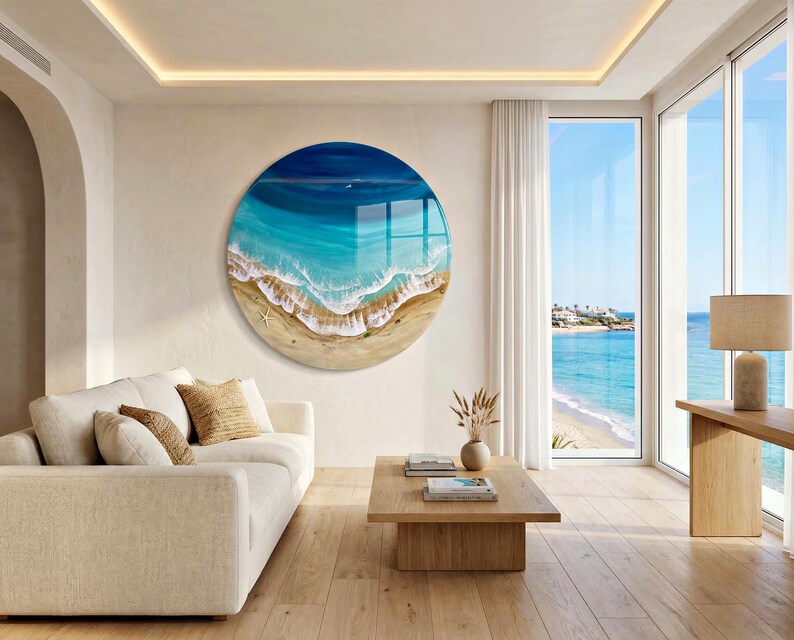 Grande oeuvre d'art murale océan en résine - Peinture époxy ronde vagues de 100 cm - oeuvre d'art 3D en résine de plage XL - Décoration d'intérieur côtière - Grande décoration murale océan image 12