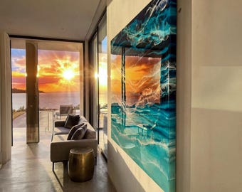 Extra Large Abstract Ocean Resin Wall Art – Handmade Coastal Artwork | Made to Order, Layered Resin Seascape Coastal Feature Piece, 1m x 1m