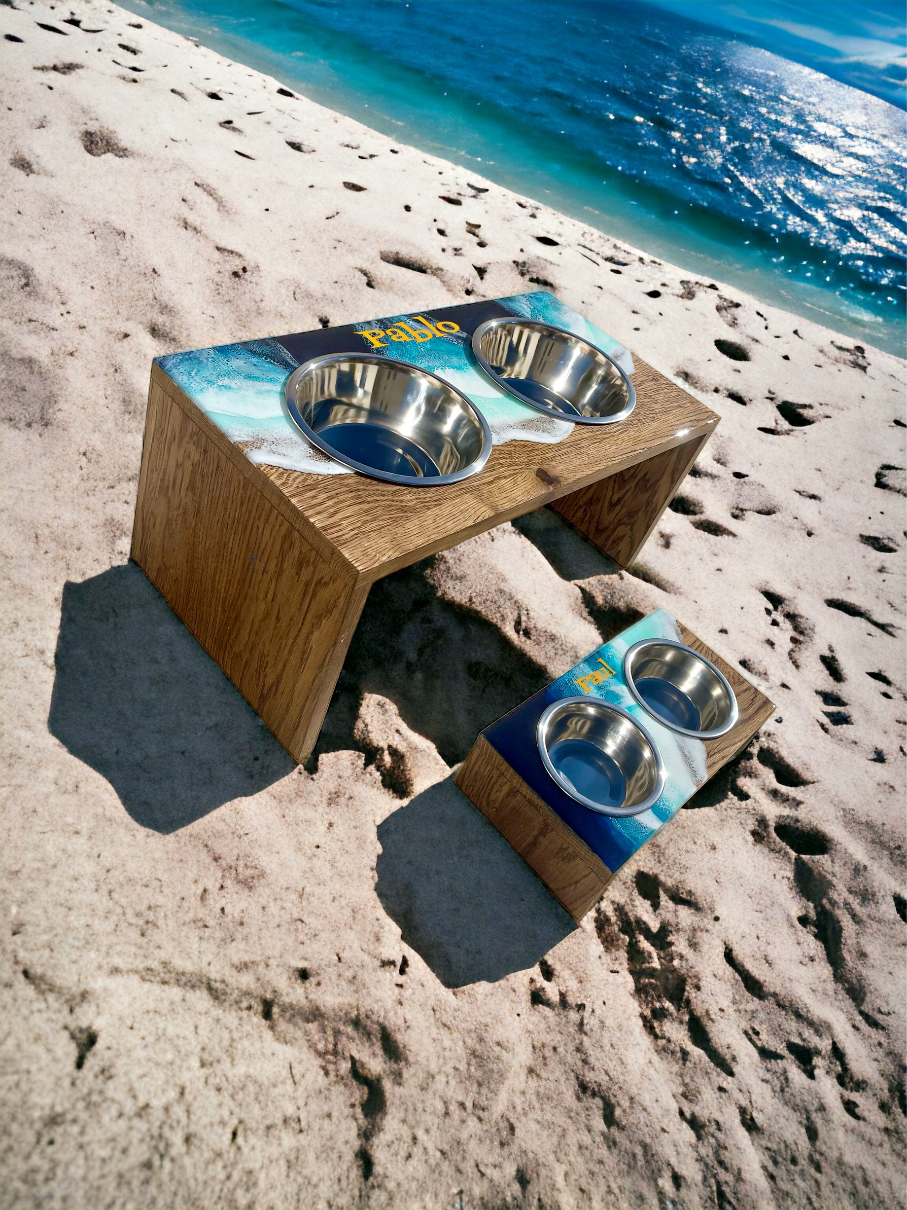 Pet food stand   Ocean art Personalized Pet Bowl Stand: Surfboard Ocean Wave Resin Decor - Etsy