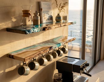 Set of 2 Real Oak Resin Ocean Floating Shelves 90cm | Coffee Station Shelf with Mug Rack | Handmade Coastal Wall Shelves | Beach House Decor