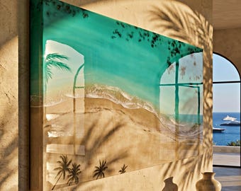 Large Luxury Resin Ocean Wall Art | Palm Shadow II | One of a Kind Coastal Artwork | Beach House Decor | Handmade in Spain