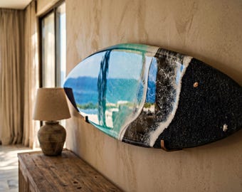 Black Sand Ocean Wave Resin Surfboard Wall Art: Coastal Surf Decor