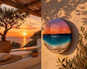 Small Sunset Ocean Resin Wall Art Round – Handmade Coastal Decor – 3D Beach Artwork – Epoxy Wave Gift 40CM