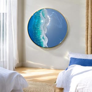 Wall mirror with blue wave resin decor 50 cm in diameter, resin wave mirror, coastal mirror, nautical wall mirror