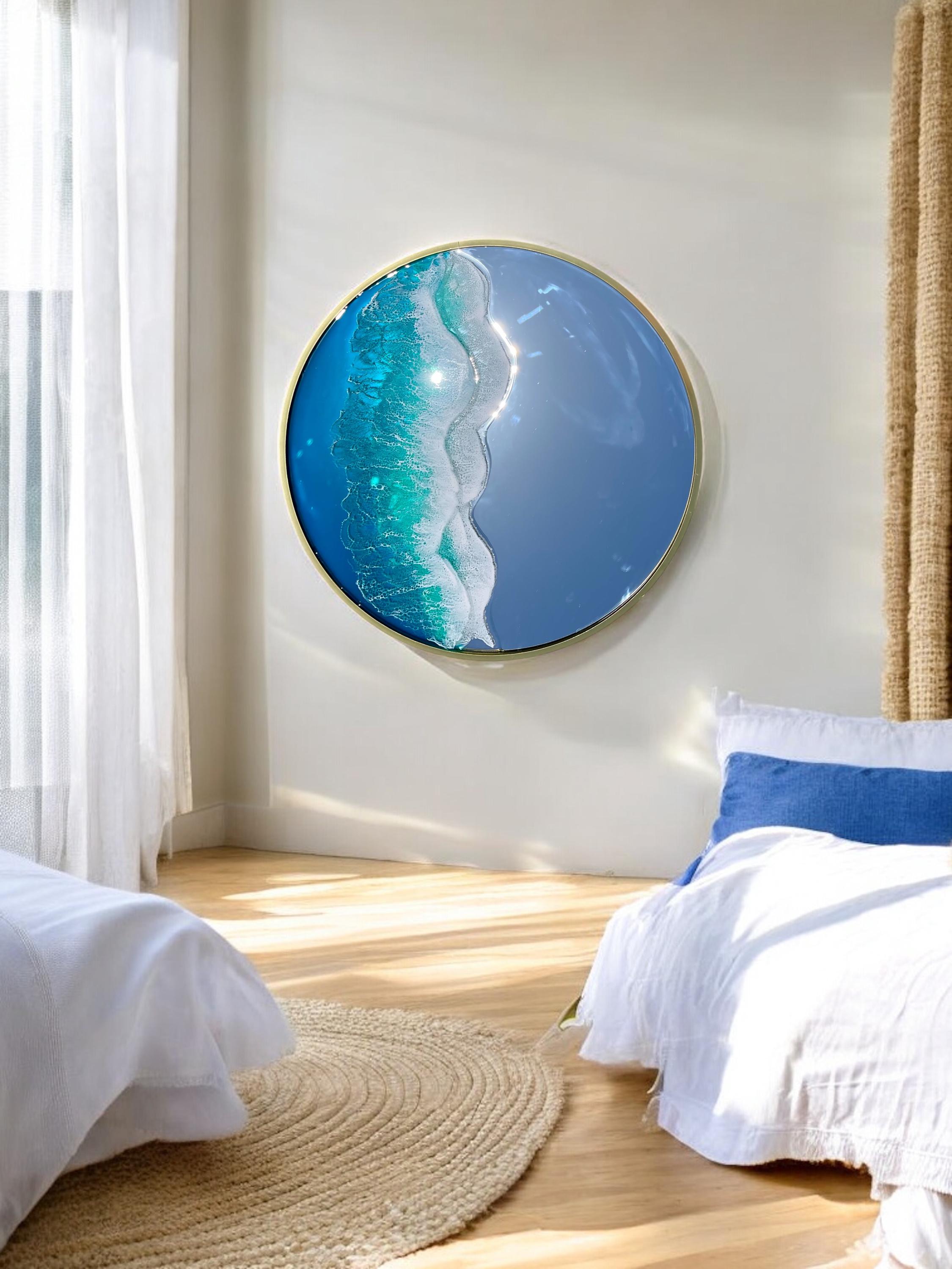Wall Mirror With Blue Wave Resin Decor 50 Cm in Diameter