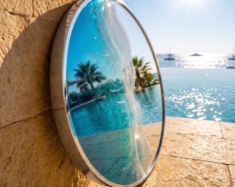 50cm Silver Frame Resin Wave Mirror, Coastal Ocean Wall Mirror, Turquoise Blue Beach House Decor, Round Sea Mirror, Handmade Resin Art
