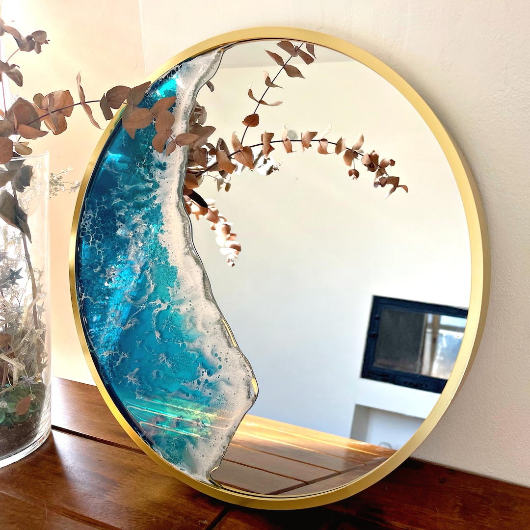 Wall Mirror With Blue Wave Resin Decor 61CM or 81 CM Diameter Etsy