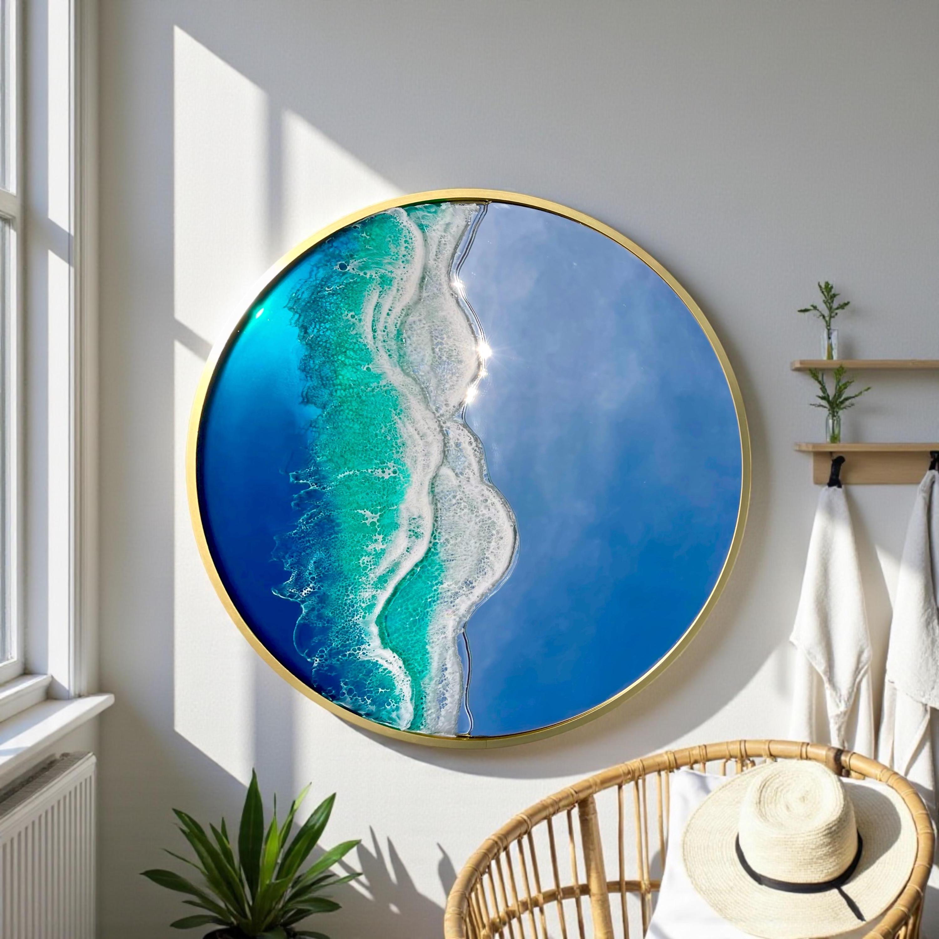 Blue Resin Wave Wall Mirror: Coastal Nautical Decor (50cm Diameter
