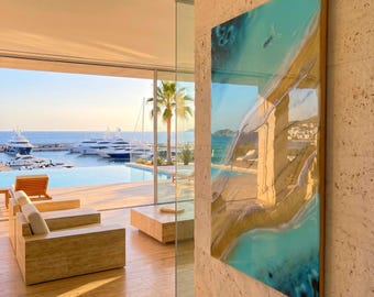 Resin Ocean Wall Art, Coastal Beach Painting, Turquoise Sea Artwork, Luxury Coastal Decor, Modern Beach House Wall Art, 70x40 cm