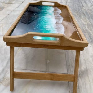 Bamboo Bed Tray with Resin Ocean Waves | Handmade Coastal Serving Tray | Foldable Breakfast Tray | Resin Art Home Decor 53 cm 画像 8
