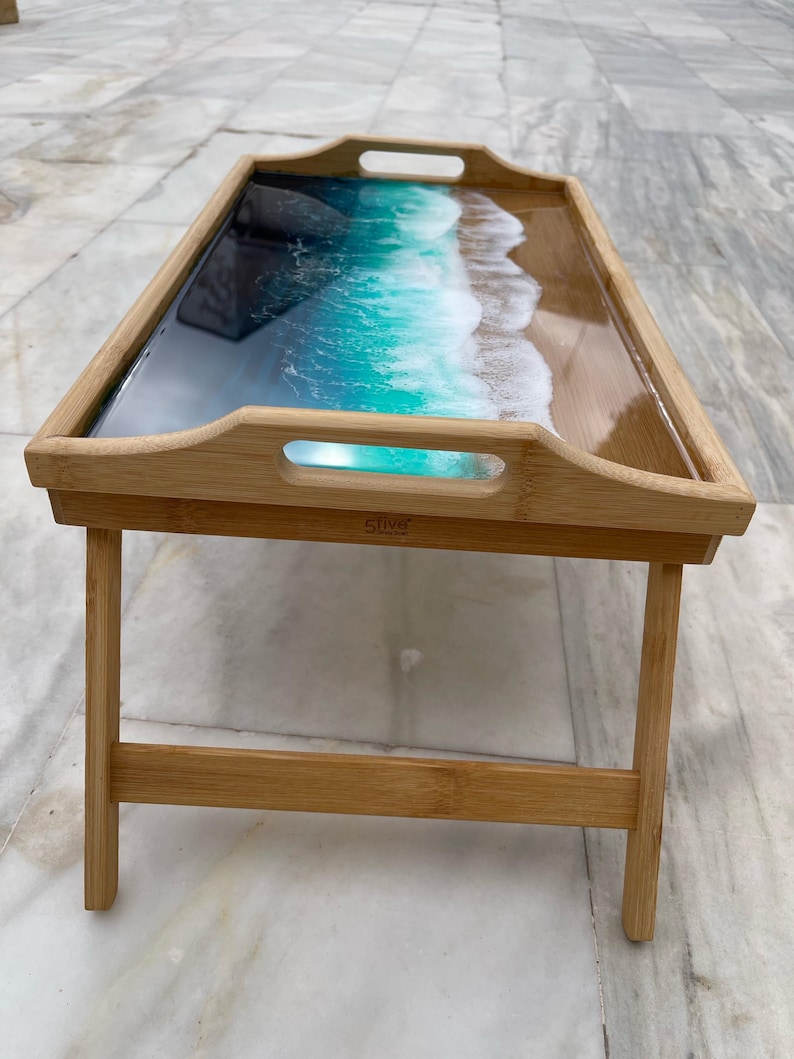 Bamboo Bed Tray with Resin Ocean Waves | Handmade Coastal Serving Tray | Foldable Breakfast Tray | Resin Art Home Decor 53 cm 画像 8
